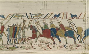 Het Engelse schildmuur wordt aangevallen en de strijd begint, Tapijt van Bayeux